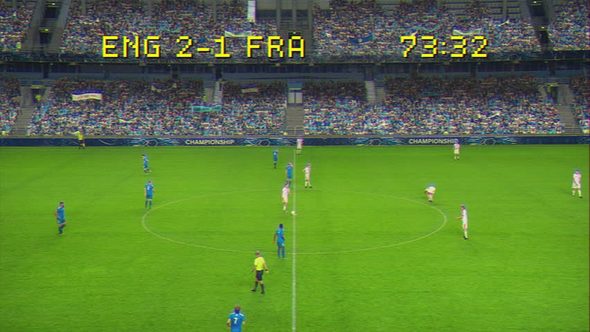 Edited Montage of a Nostalgic Soccer Championship Match with Score. Teams Attack, Score Goal, Celebrate Victory. Retro Football Tournament, Cup Broadcast. Sport Channel Network Old Television Playback