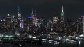 Aerial View Shot of New York at night, evening City NY, NYC, United States, Uptown Manhattan