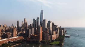 Establishing Aerial View Shot of New York City NY, NYC, United States, wonderful sunny day, Downtown Manhattan, One World Trade Center, Wall Street, New York Stock Exchange, Woolworth Building