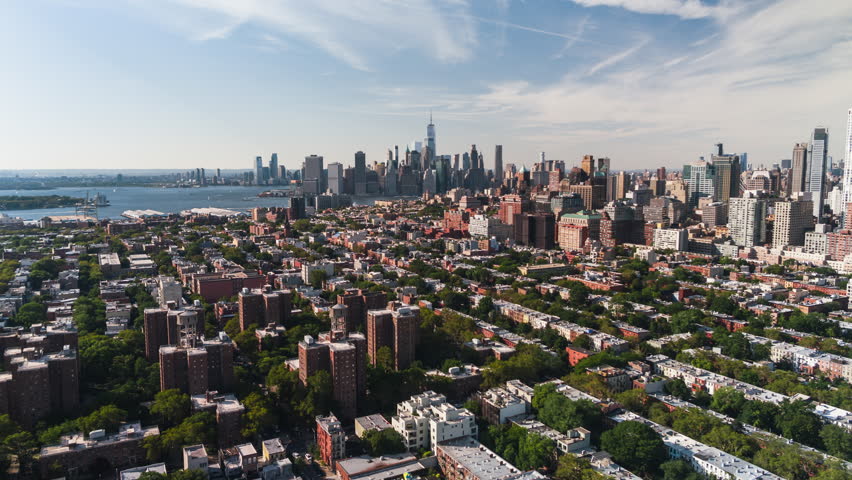 Establishing Aerial View Shot of New York City NY, NYC, United States, wonderful sunny day, Downtown Manhattan, One World Trade Center, Wall Street, New York Stock Exchange, Woolworth Building Royalty-Free Stock Footage #3462192785