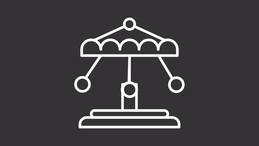 Animated swing carousel white icon. Rotating chain carousel line animation. Fairground entertainment, attraction. Isolated illustration on dark background. Transition alpha video. Motion graphic