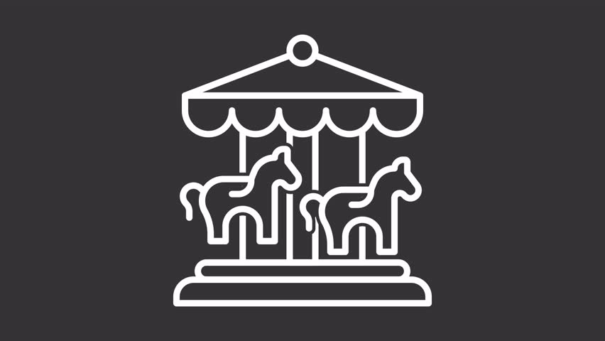 Animated horse carousel white icon. Swinging horses attraction line animation. Amusement park entertainment. Isolated illustration on dark background. Transition alpha video. Motion graphic
