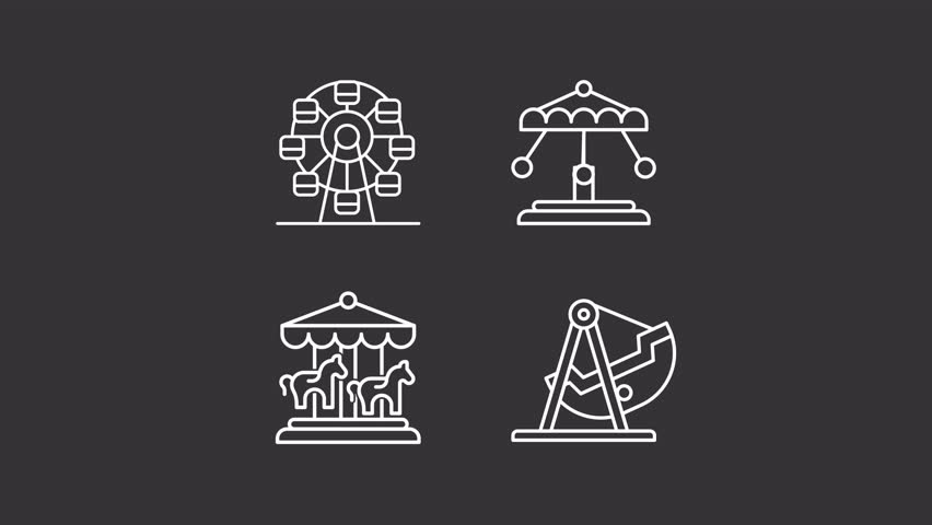 Animated amusement white icons. Swinging carousels line animation library. Fairground entertainment. Isolated illustrations on dark background. Transition alpha. HD video. Icon pack