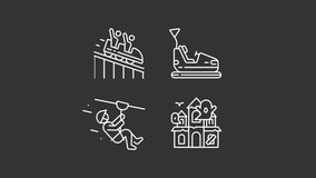 Animated extreme sport white icons. Moving sport activities line animation library. Ride amusement. Isolated illustrations on dark background. Transition alpha. HD video. Icon pack