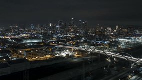 Establishing Aerial View Shot of Iconic Downtown Los Angeles LA CA, L.A. California US, at night evening, clear image