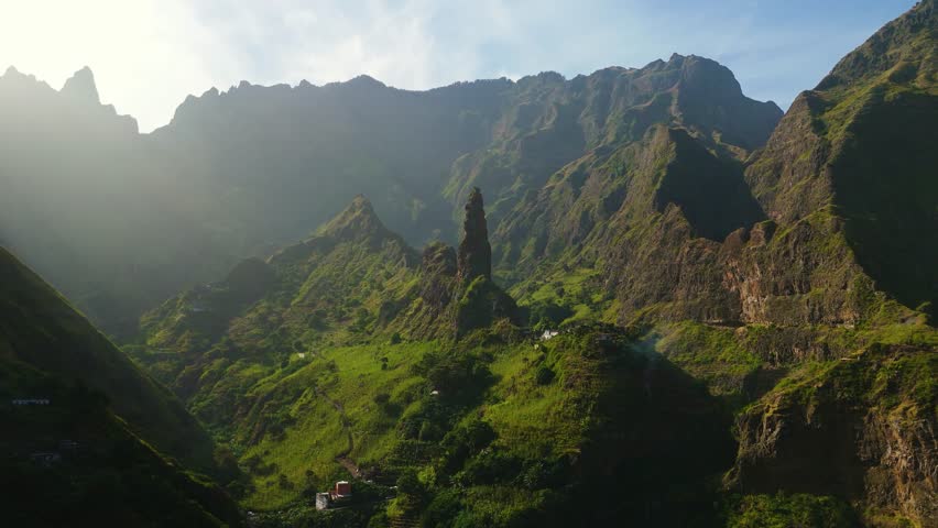 Aerial drone view of XoXo in Ribeira da Torre valley during sunrise, Cova-Paul-Ribeira da Torre Natural Park, Santo Antao island, Cape Verde