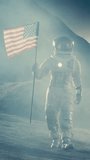 Strong Astronaut Walks with the Flag of United States of America on the Dark Alien Planet. Space Travel, Colonisation Theme. Video Footage with Vertical Screen Orientation