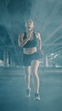 Close Up Portrait Shot of a Beautiful Confident Fitness Girl in Black Athletic Top and Shorts Jogging. She is Running in Urban Environment. Video Footage with Vertical Screen Orientation