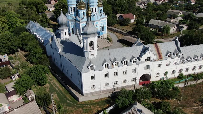 Holy Intercession Church is an Orthodox church in the village of Odinkovka, which is part of the Dnipro, Ukraine. Blue Church. Orthodox religion.