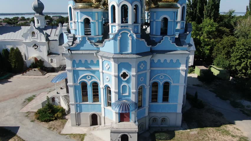 Holy Intercession Church is an Orthodox church in the village of Odinkovka, which is part of the Dnipro, Ukraine. Blue Church. Orthodox religion.