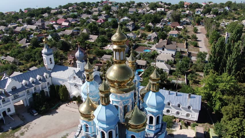 Holy Intercession Church is an Orthodox church in the village of Odinkovka, which is part of the Dnipro, Ukraine. Blue Church. Orthodox religion.