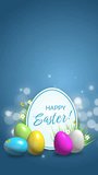 Easter sticker animation with rabbit ears and colored eggs on a blue background with butterflies and bokeh. Happy Easter. Looped vertical video.