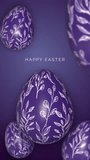 Spring Easter eggs painted with patterns. Animated purple background screensaver. Happy Easter. Looped vertical video.