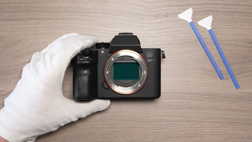 Removing sensor dust from a modern digital mirrorless full frame camera sensor using a sensor swab – top view Royalty-Free Stock Footage #3462359125