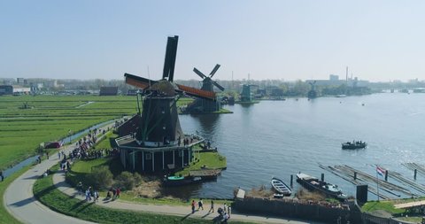 Zaandam Zaanse Schans, Aerial view of the windmills one of the most popular tourist attractions in Netherlands, Holland, Europe, 4k