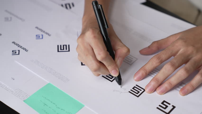 Graphic designer drawing sketches logo design. The concept of a new brand. Professional creative occupation with idea.