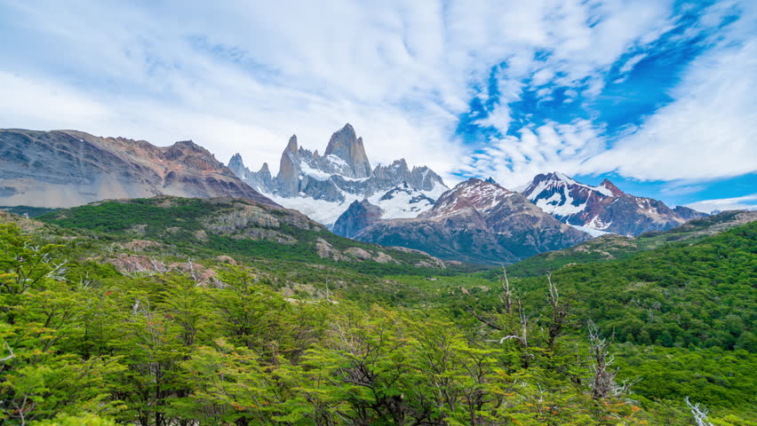 Epic timelapse beauty of the landscape on National Park Torres del Paine in southern Chile. Cliffs of Los Kuernos in cold windy summer day.