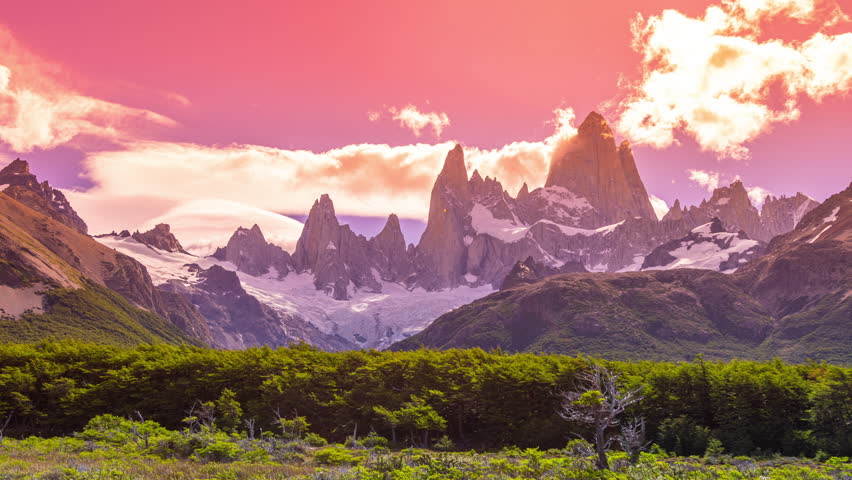 Timelapse of Fitz Roy mountain on sunset time in El Chanten, on the border between Argentina and Chile, Los Glaciares National Park, Patagonia, Argentina.