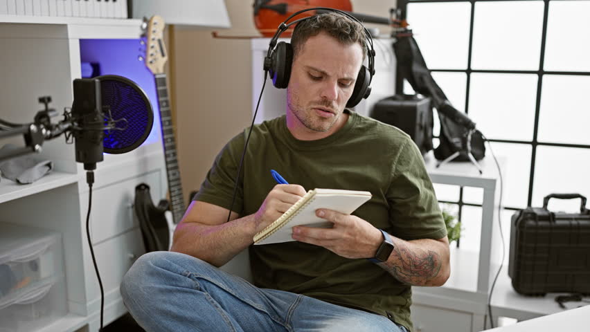 Handsome man with headphones in music studio writing notes