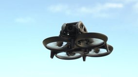 drone with protections on propellers flying with blue sky, detailed view of the front camera, horizontal video