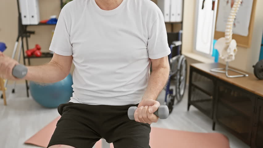 Senior man exercising with dumbbells in a physiotherapy rehabilitation center