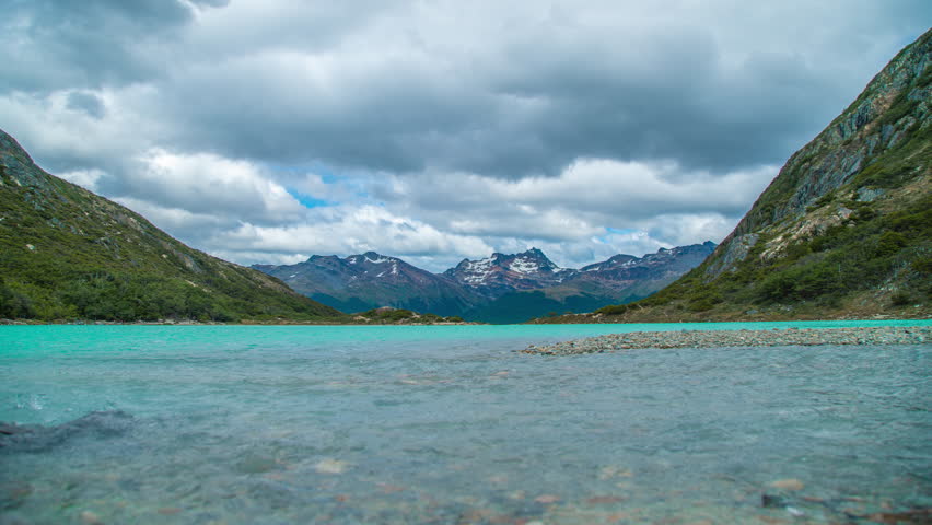 Timelapse Esmeralda lake and Beautiful landscape of mountains at Tierra del Fuego National Park, Patagonia, Argentina.