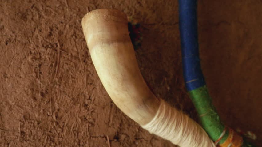 Culture and history. Closeup view of an autochthonous Mapuche aborigine musical instrument, Ñolkin. It belongs to the family of the trumpets and is made with wood and animal guts. Royalty-Free Stock Footage #3462621619