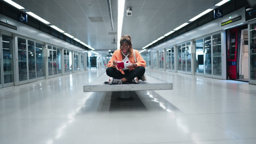 Young African woman with vitiligo, deeply reading book while seated cross-legged on bench in a subway station. focused expression and act of reading amidst hustle of metro suggest moment of calm