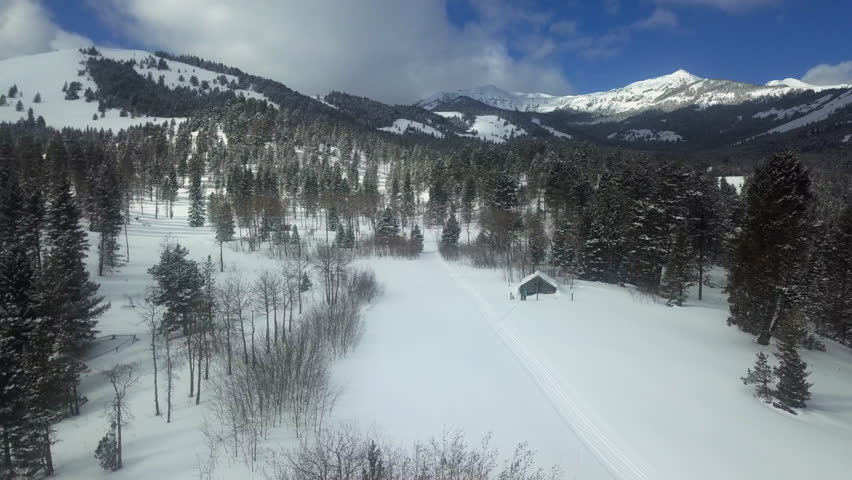 Aerial of winter cabin in Montana