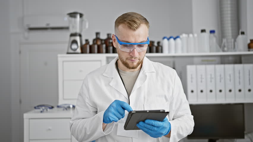 A pensive young caucasian man with a beard wearing lab coat, gloves, and safety glasses examines a tablet in a laboratory setting. - Powered by Shutterstock - Get 15% off with code: PIKWIZARD15