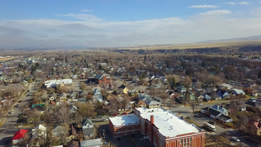 Livingston, MT aerial over neighborhood in morning