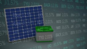 Animation of financial data processing over solar panels. Global finance, business, connections, computing and data processing concept digitally generated video.