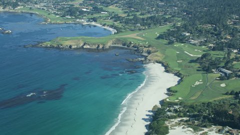 Aerial view Carmel Bay and Stillwater Bay Arrowhead Point and Pebble Beach golf course Big Sur California USA RED WEAPON