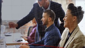 Animation of diagrams over diverse colleagues using phone headsets. Business, technology and digital interface concept digitally generated video. - Powered by Shutterstock - Get 15% off with code: PIKWIZARD15