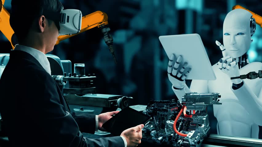XAI Cybernated industry robot and human worker working together in future factory. Concept of artificial intelligence for industrial revolution and automation manufacturing process. Royalty-Free Stock Footage #3462787783