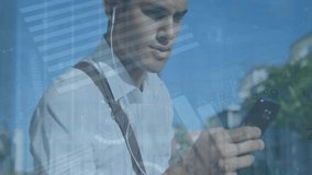 Animation of data processing and diagrams over biracial casual businessman using smartphone. Business, technology and digital interface concept digitally generated video. - Powered by Shutterstock - Get 15% off with code: PIKWIZARD15