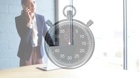 Animation of timer moving over caucasian businesswoman talking on phone. Business, technology and digital interface concept digitally generated video.
