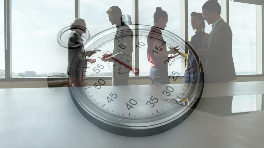 Animation of timer moving over diverse colleagues discussing work. Business, technology and digital interface concept digitally generated video.