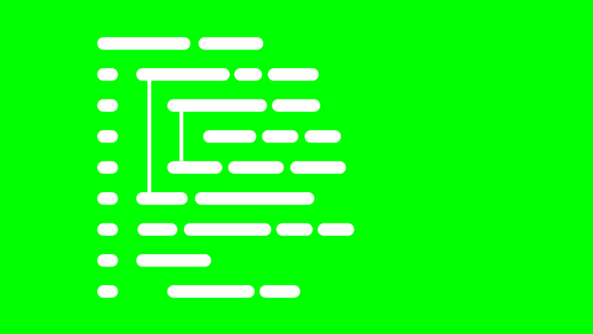 Software developer programming code. Line after line appears in stages. Abstract computer script code. White color on a green screen. Alpha channel. Chroma key. 2d flat animation