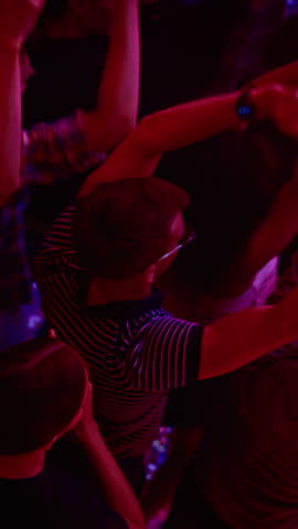 Vertical Footage of Music Festival Goers Party with Their Hands Up in the Air at a Concert in a Night Club. Footage from Above with Fans Cheering a Rock or Indie Band. Royalty-Free Stock Footage #3462885989