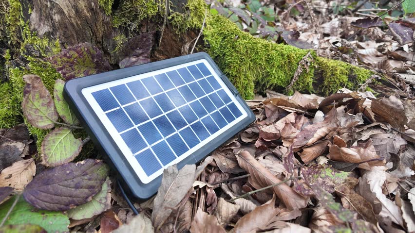 Timelapse of a solar panel connected to accumulator and camping flashlight Royalty-Free Stock Footage #3462888481
