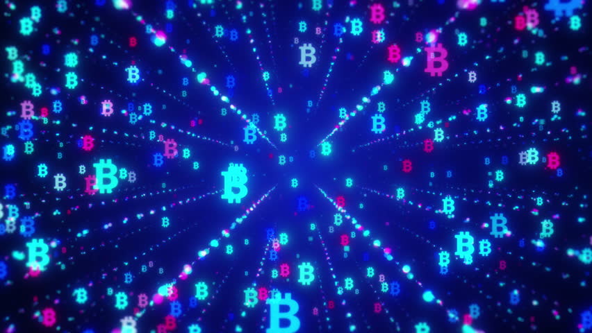 Bitcoin animation background. In this seamless looped animation, the Bitcoin symbol and particles fly across a dynamic virtual space background Royalty-Free Stock Footage #3462890341