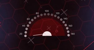 Animation of speedometer on dark background. Global connections, computing and data processing concept digitally generated video.