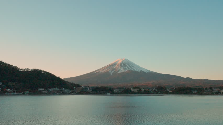 Mount Fuji at Lake Kawaguchi in the morning sunrise. Mt Fujisan in Fujikawaguchiko, Yamanashi, Japan. Landmark for tourists attraction. Japan Travel, Destination, Vacation and Mount Fuji Day concept