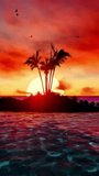 Sunset beach, Palm tree and beautiful tropical beach. The sun sets over horizon, view through the palm trees. Nature environment. vertical video