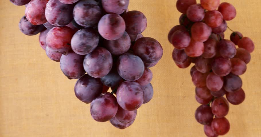 Grapes and bottles of wine on a burlap background.
