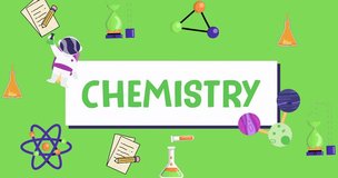 Chemistry intro 4k animated video with chemistry typography in the middle, Chemistry background animation, Chemistry video for education with beaker, atomic structure, molecules, particles and notes