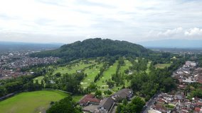 Reveal drone shot of Borobudur International Golf . International level golf course. 4K drone shot. Magelang, Central Java, Indonesia