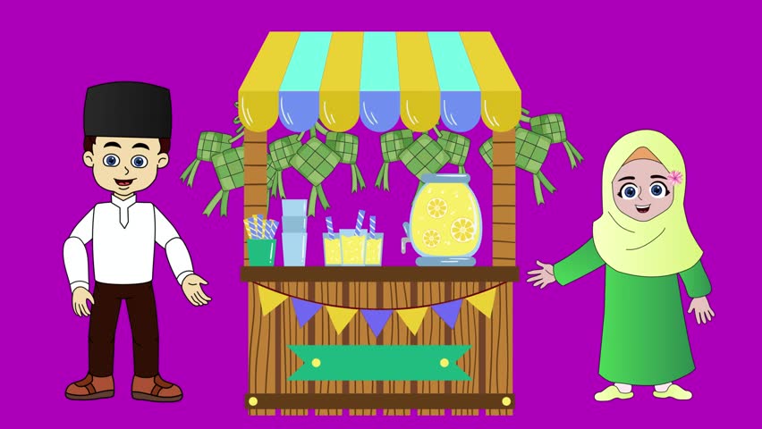 Animated image of a husband and wife selling ketupat