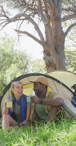 Vertical video of happy diverse couple camping, drinking tea and talking in park, slow motion. Nature, hiking and park concept.